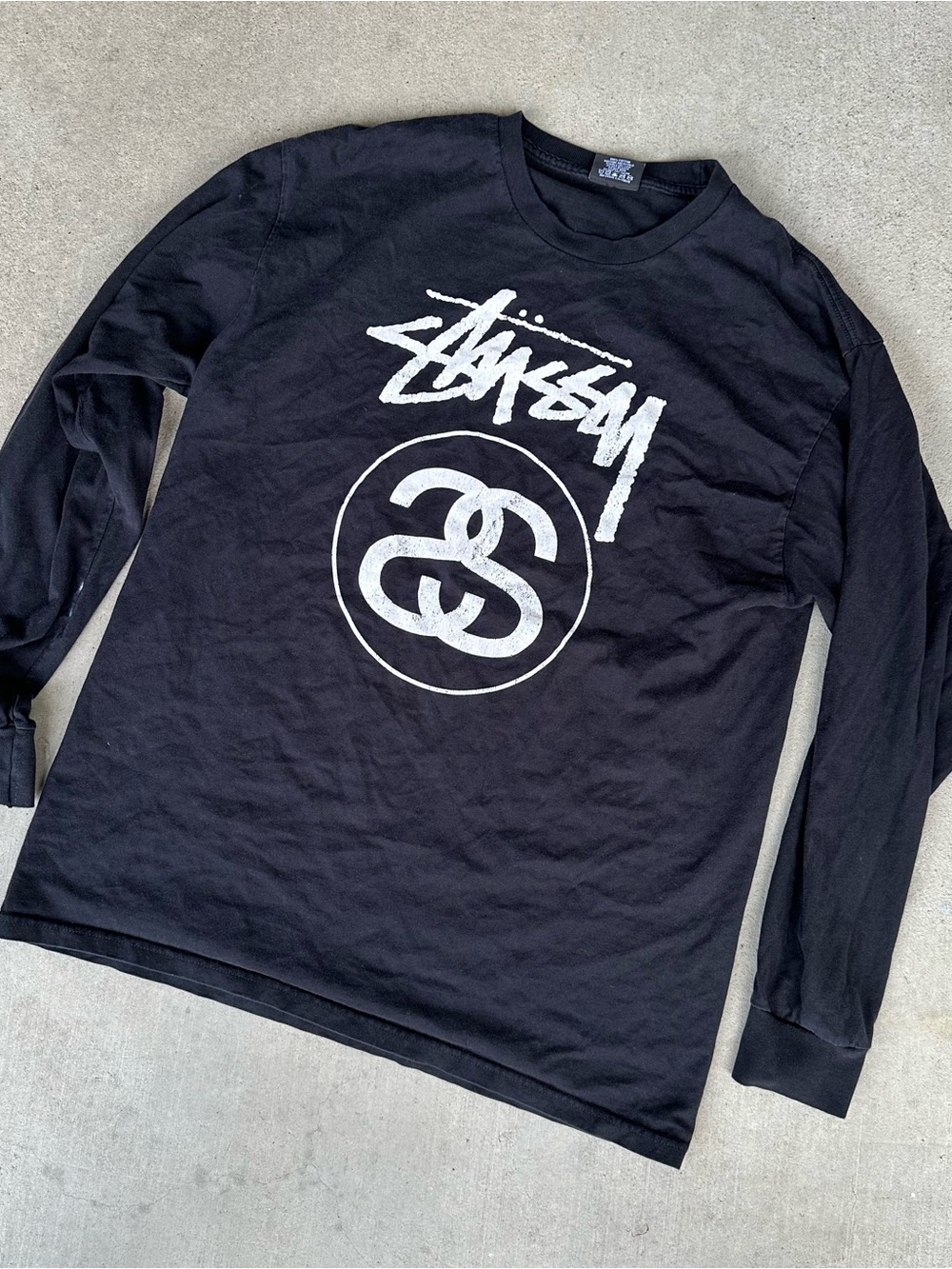 Stussy Black Long-Sleeve Logo Shirt with White Graphic Large